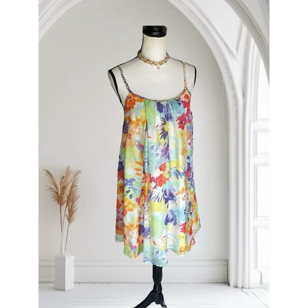 Charlie Jade Chiffon Tank Swing Floral Dress Multi Color EUC 100% Silk S 2 4 - Picture 6 of 11